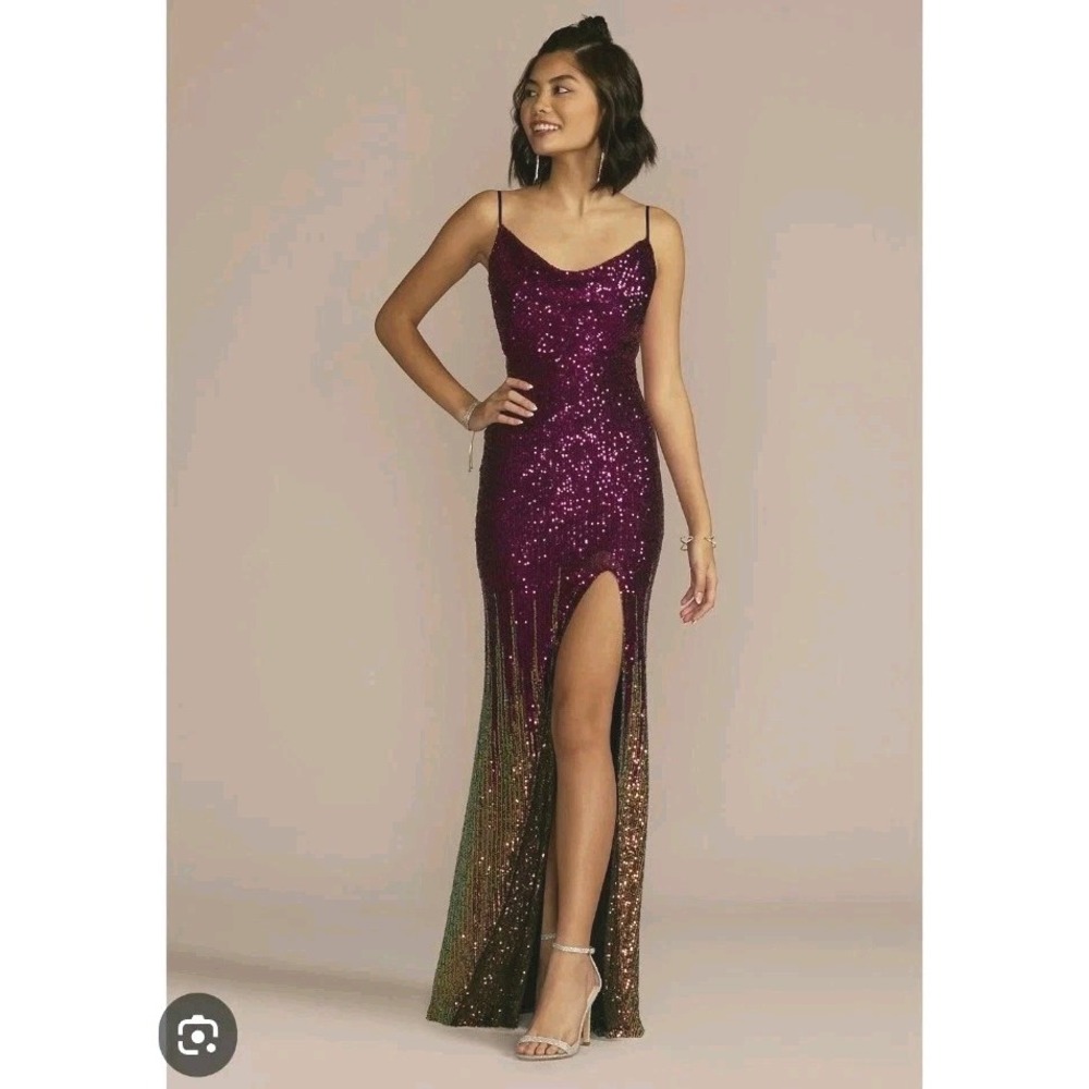 City Triangles Purple Green Sequin High Slit Fitted Prom Glam Maxi Dress Size 2